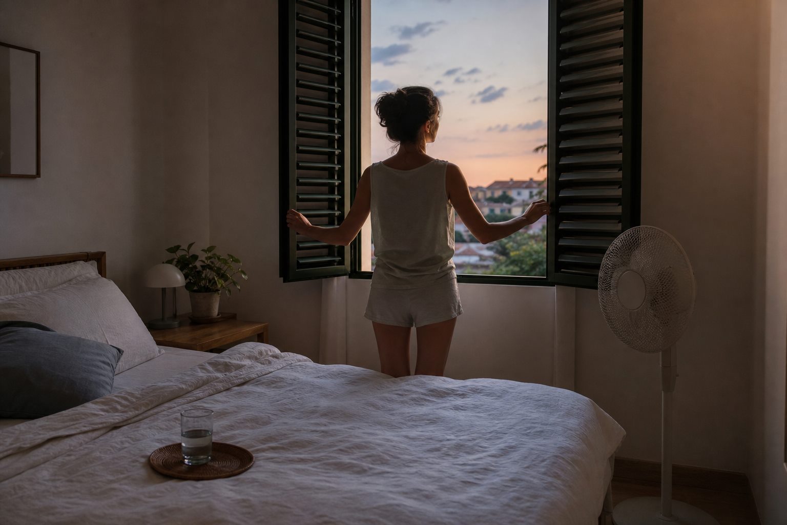 Illustration éditoriale originale pour « Dormir pendant la canicule : agir sur la chambre, pas seulement sur le coucher »