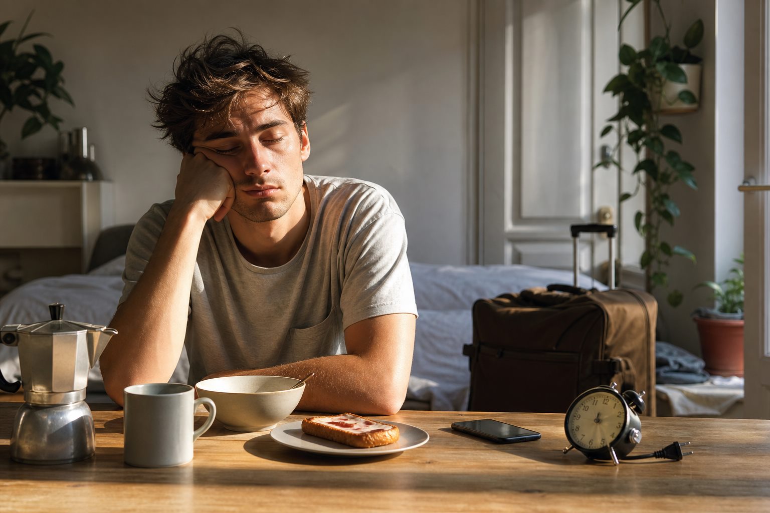 Illustration éditoriale originale pour « Jet lag social : réduire le décalage sans sacrifier le sommeil »