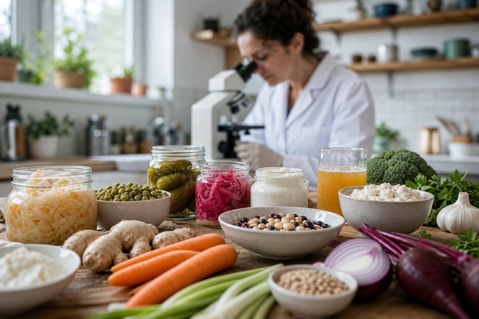 Illustration éditoriale originale pour « Microbiote intestinal : fonctions établies, tests commerciaux et limites des promesses »
