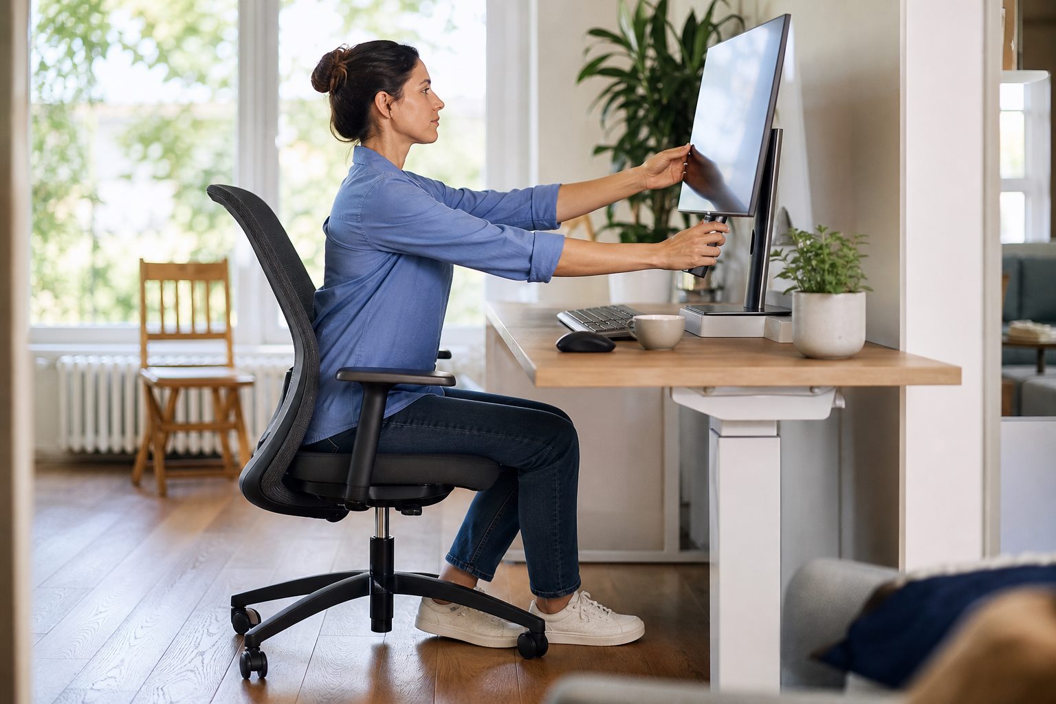 Illustration éditoriale originale pour « Nuque et écrans : régler le poste pour travailler confortablement, sans posture imposée »