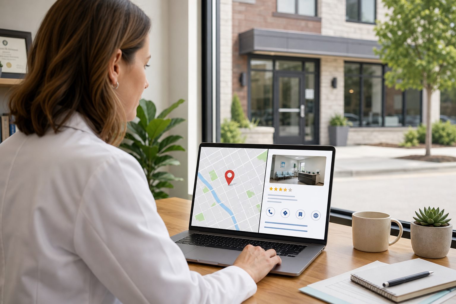 Illustration éditoriale originale pour « SEO local pour professionnels de santé : être visible sans promesse trompeuse »