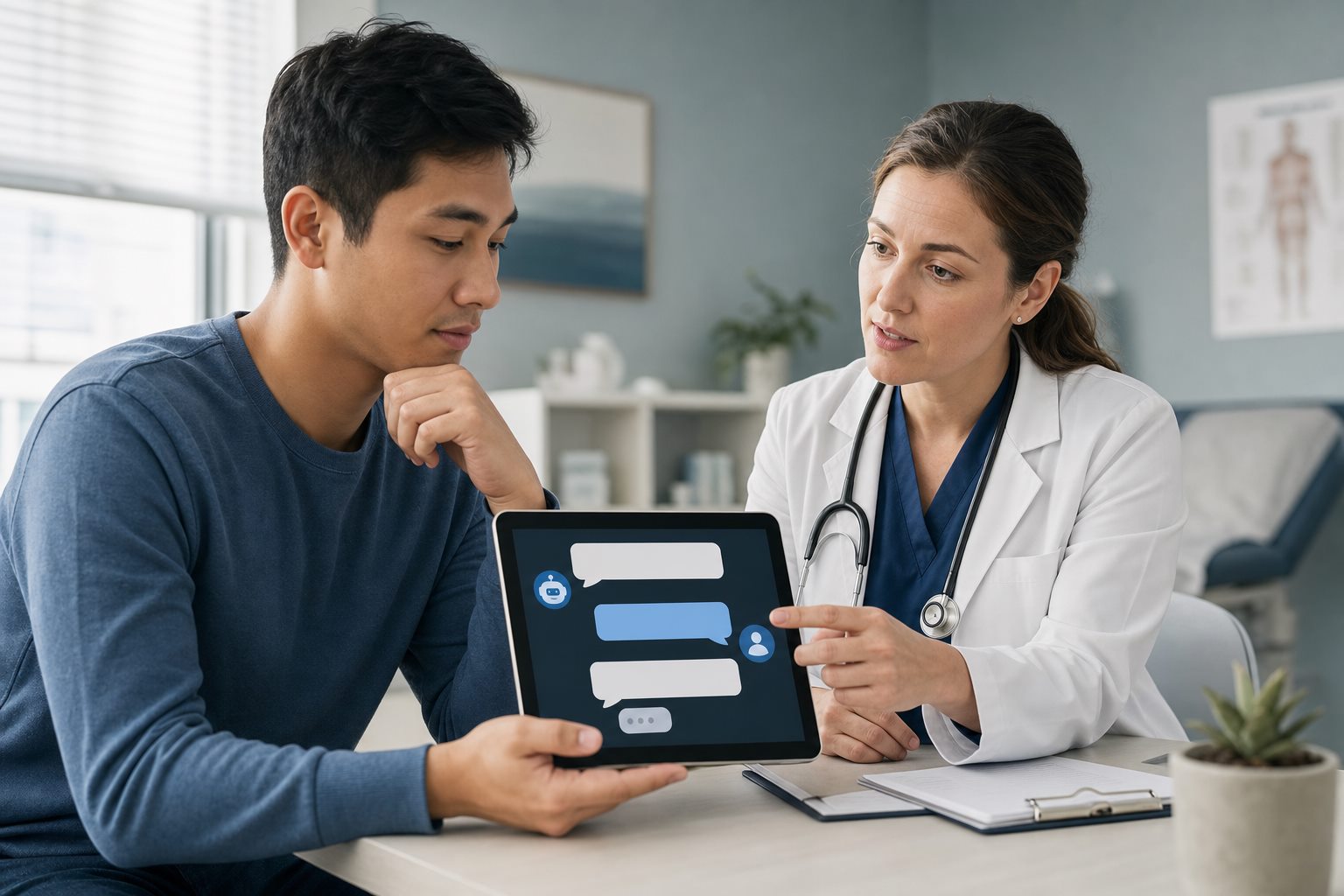 Illustration éditoriale originale pour « Chatbot santé : préparer des questions sans lui confier une décision de soins »