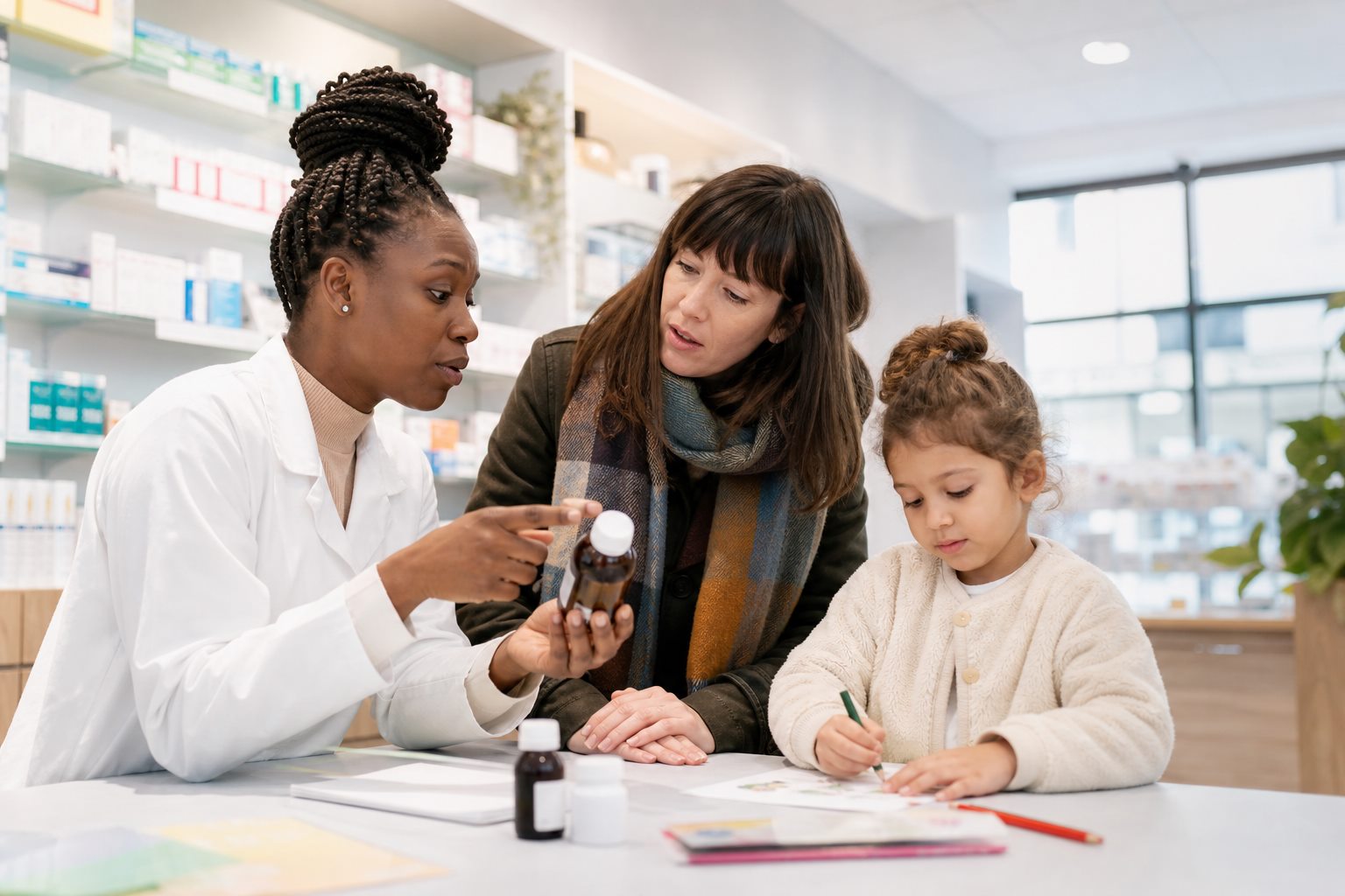 Illustration éditoriale originale pour « Antibiotiques chez l’enfant : comprendre la décision et sécuriser chaque prise »
