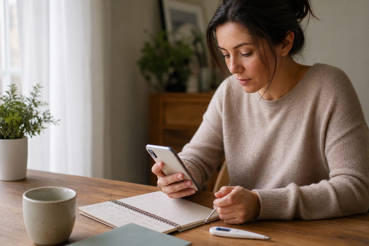 Illustration éditoriale originale pour « Applications de fertilité : ce qu’une prévision de cycle dit, et ce qu’elle ne dit pas »