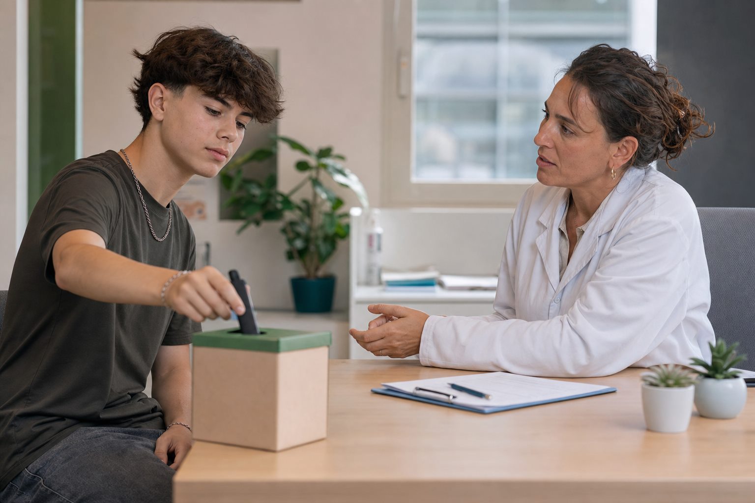 Illustration éditoriale originale pour « Vapotage chez les jeunes : reconnaître la dépendance et ouvrir le dialogue »