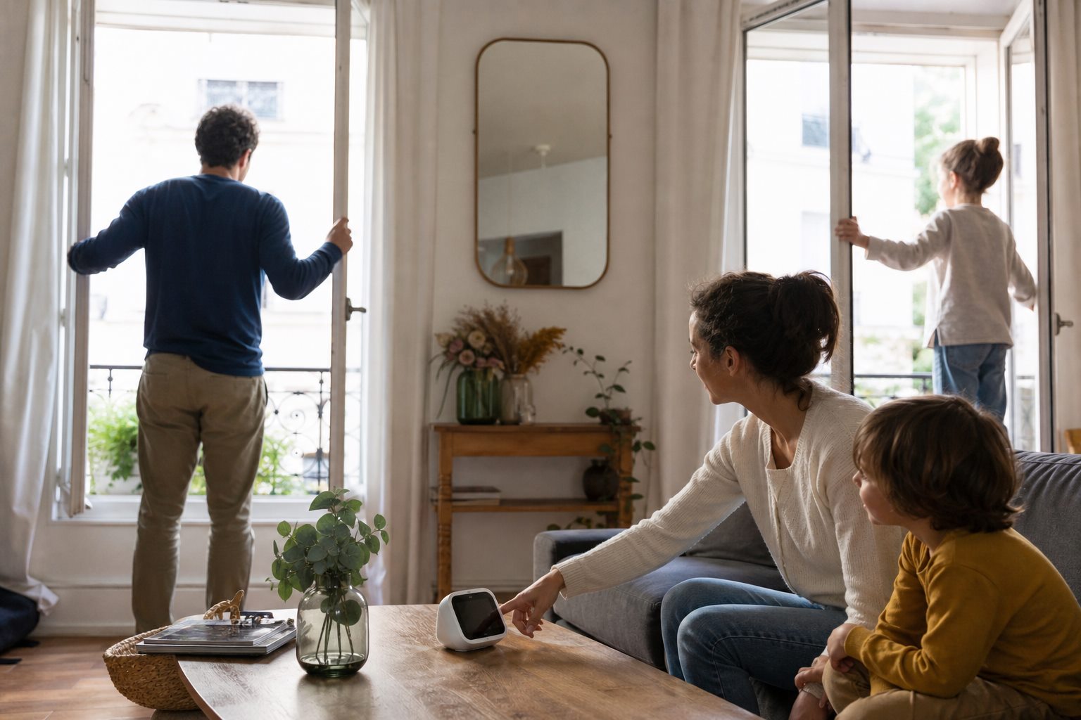 Illustration éditoriale originale pour « Aérer en hiver : renouveler l’air sans refroidir durablement le logement »