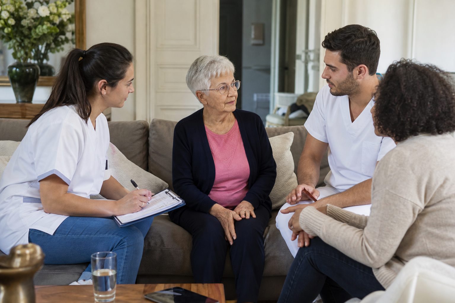 Illustration éditoriale originale pour « Soins à domicile : organiser les relais sans faire de la famille un secrétariat médical »