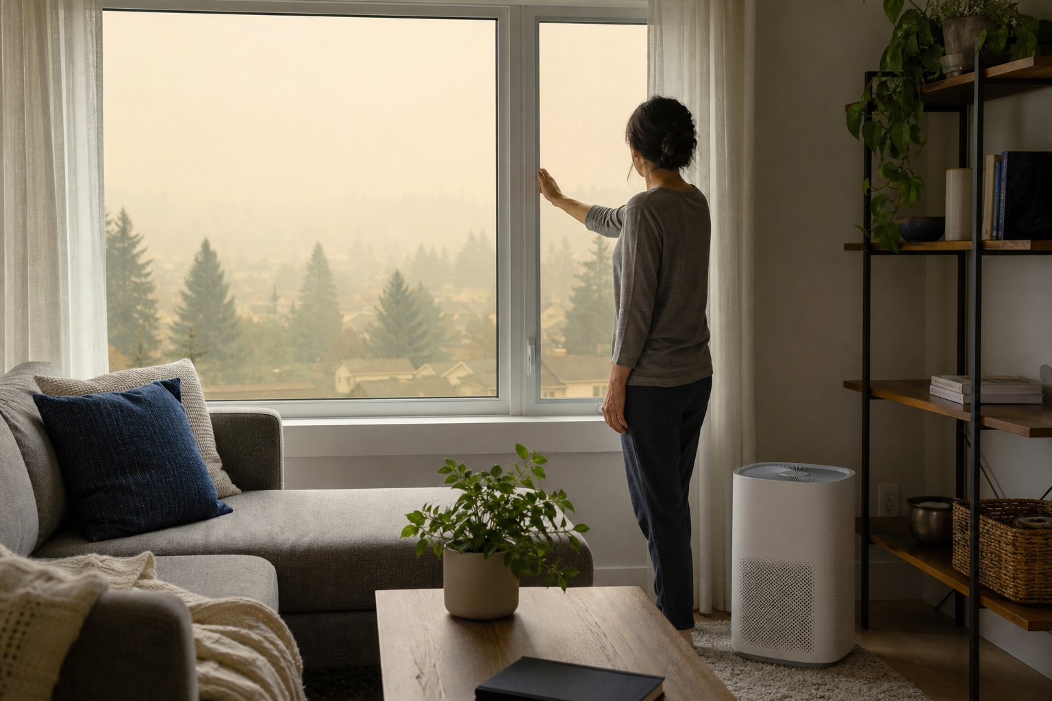 Illustration éditoriale originale pour « Fumées d’incendie : protéger l’air intérieur sans créer un autre danger »