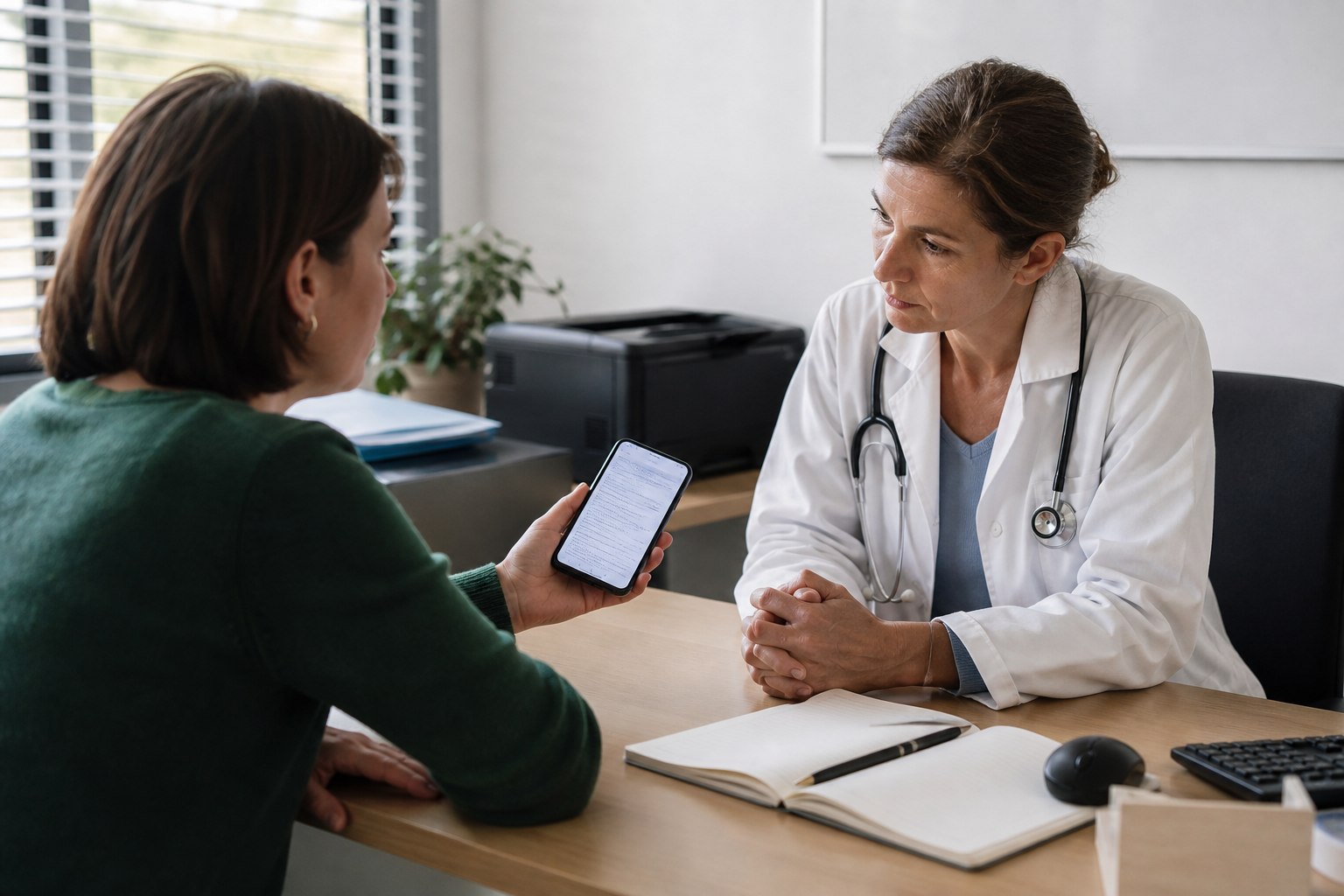 Illustration éditoriale originale pour « Montrer une réponse d’IA à son médecin : préparer un échange utile »