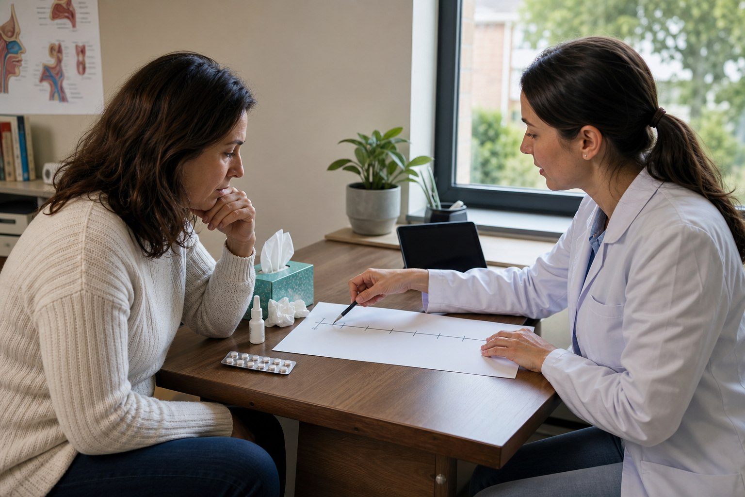 Illustration éditoriale originale pour « Rhume, allergie ou sinusite : les différences utiles à raconter au médecin »