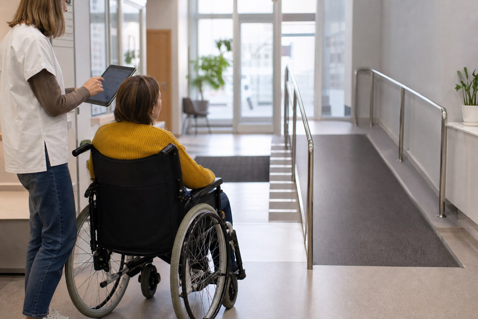 Illustration éditoriale originale pour « Rendez-vous et handicap : vérifier l’accès jusqu’au soin, pas seulement la porte »
